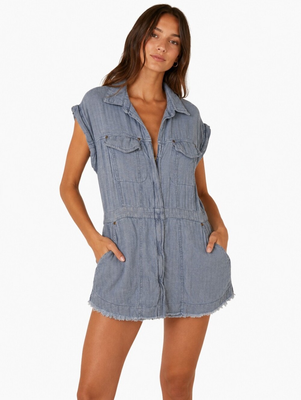 Free People We The Free Blue Linen Blend Zip Front Utility Mini Dress S